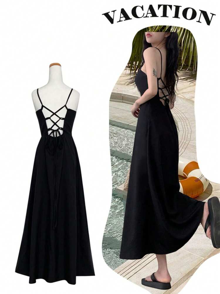 Women's Casual Mid-Length Solid Color Dress, Korean Style Sundress Summer