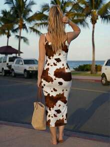 Veykashi Music Festival Vacation Casual Bodycon Camisole Maxi Dress, Suitable For Summer, Music Festivals, Denim Print, Western Cowgirl Style - Multicolor - View 2