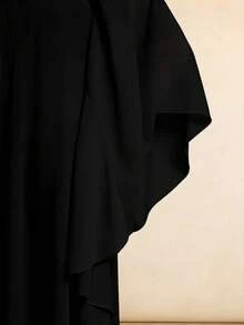 Vesra Burgundy Collared Draped Ruffle Sleeve Loose Robe - Black - View 4
