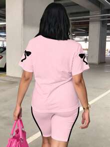 Slaydiva Plus Size Summer Casual Bow & Numeric Print T-Shirt And Shorts 2pcs Set - Baby Pink - View 2