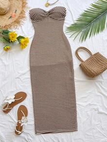 Soleia Women's Elegant Striped Dress, Casual For Vacation, Party, Date, Winter Striped Two Piece Set Two Piece Beach Set Brown Two Piece Set Brown Summer Top Brown Striped Two Piece - Coffee Brown - View 5