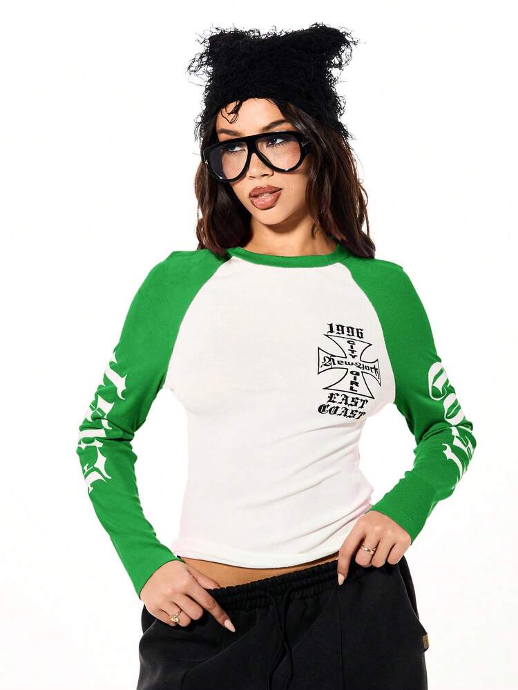SUMWON WOMEN Raglan Sleeve Graphic Crew Neck Long Sleeve Top With Cross Print And Side Text Detail
