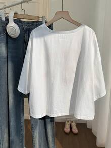 Comfortcana Áo thun cotton dáng rộng thoải mái cỡ lớn, chất liệu cotton, kiểu dáng thường ngày, thêu hình quả táo 3D, thích hợp cho mùa xuân/hè. - Nhiều màu - Xem 2