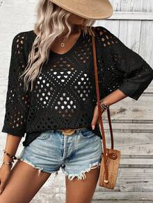 Breezaya Women Loose 3/4 Sleeve Hollow Out Knit Top - Black - View 5