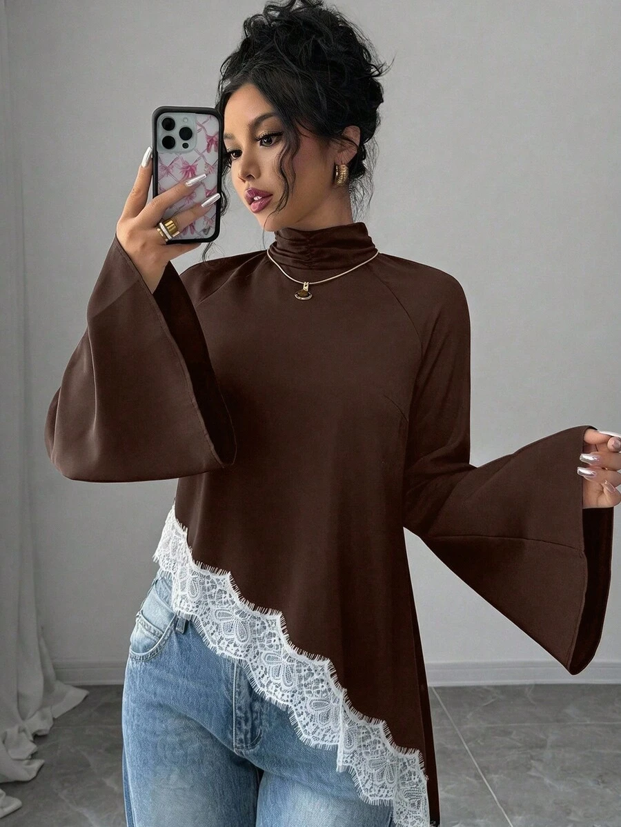 Elenzga Women's Asymmetric Hem Long Sleeve Contrast Lace Blouse - Brown - View 1