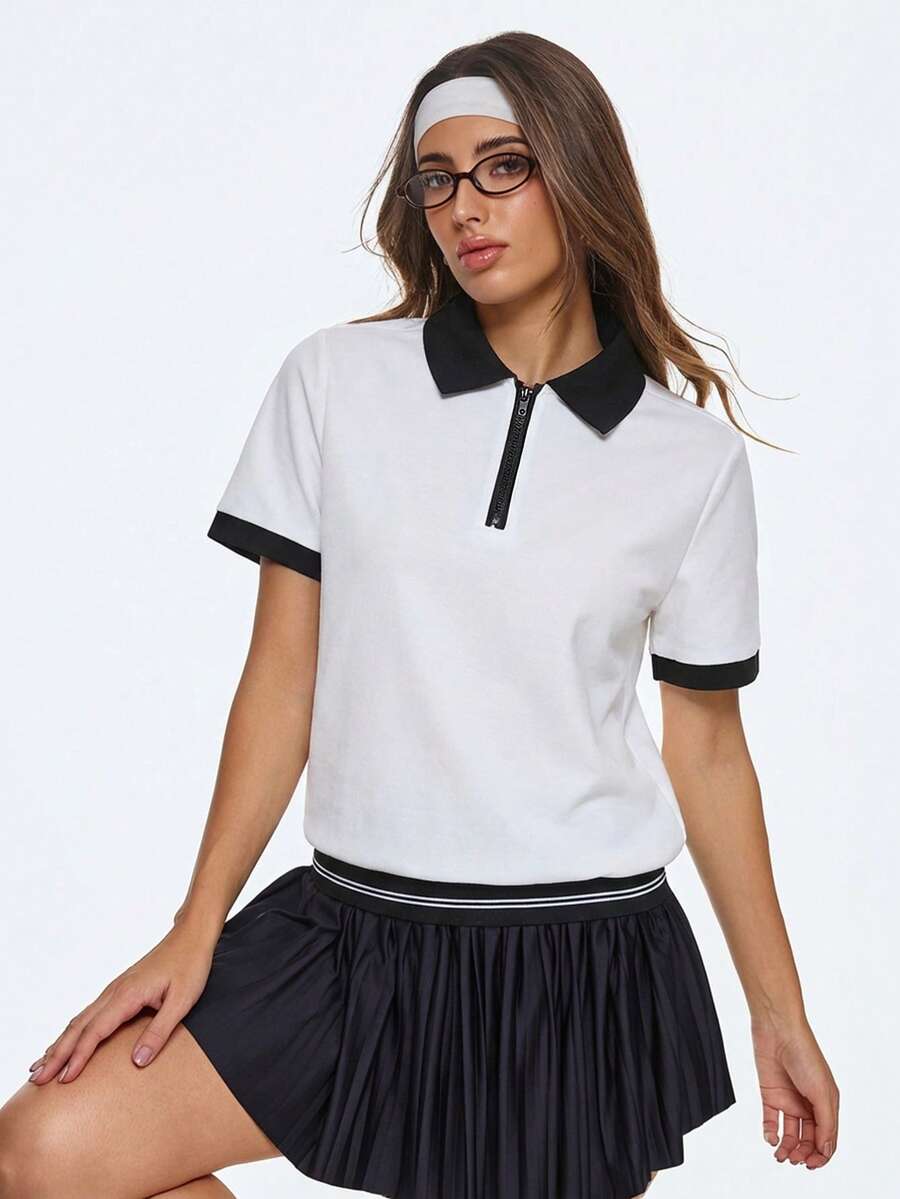 SHEIN Sports 女士休闲拉链短袖运动Polo衫,夏季 - 白色 - 查看 1