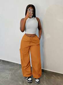 Slaydiva Pantaloni cargo dritti e morbidi in stile punk hippie da donna, con vita con cordoncino, tasche rilassate, pantaloni casual da jogging - Arancione - Visualizzare 5