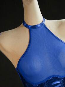 SpicyHot Bộ jumpsuit nữ thời trang gợi cảm phối lưới, cổ yếm, thích hợp cho mùa hè. - Xanh đậm - Xem 4