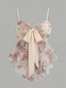 EMERY ROSE 女士优雅花卉网纱印花修身吊带背心，胸前系带设计，百搭时尚，适合优雅场合、通勤和休闲穿着，也适合波西米亚音乐节、度假和夏季海滩等场合。 - 杏色 - 查看 1