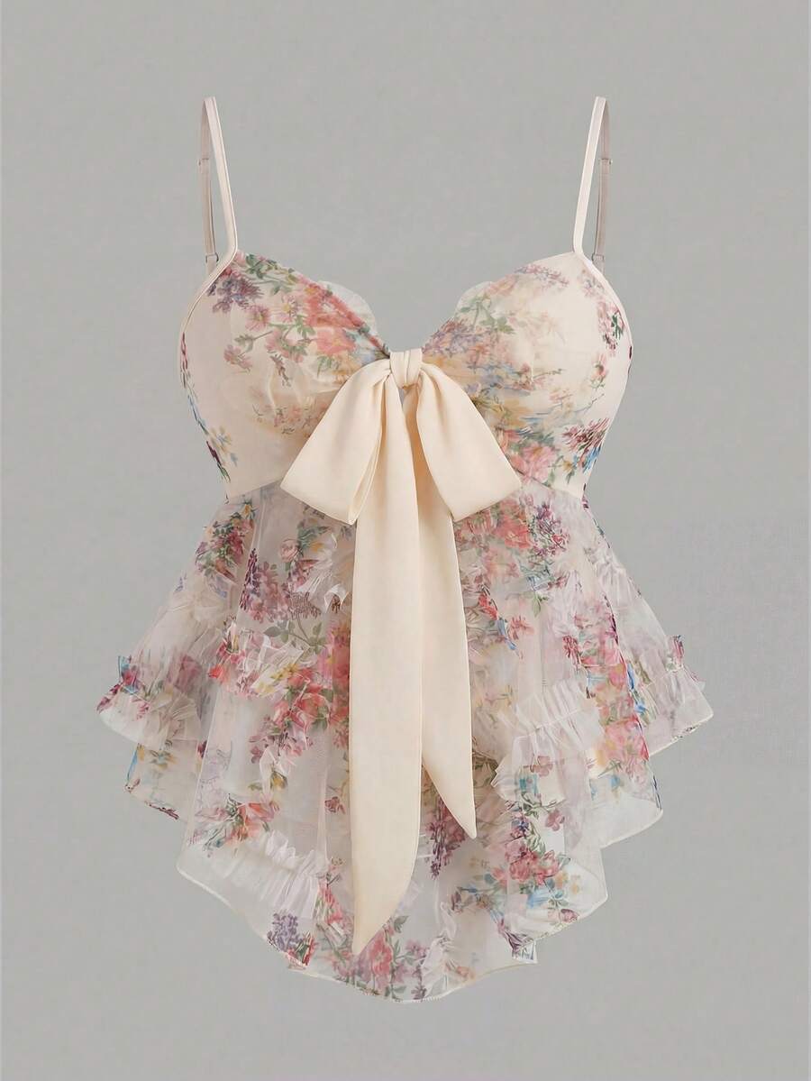 EMERY ROSE 女士优雅花卉网纱印花修身吊带背心，胸前系带设计，百搭时尚，适合优雅场合、通勤和休闲穿着，也适合波西米亚音乐节、度假和夏季海滩等场合。 - 杏色 - 查看 1