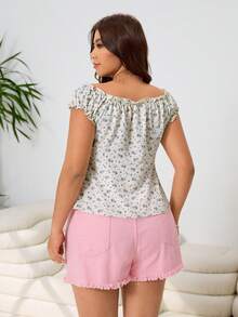 Solflare 春夏新款休闲日常装，适合派对、通勤、婚礼、音乐节、返校、毕业典礼、度假、街头风、居家休闲、逛街、城市漫步等多种场合，可外穿或内搭，短袖荷叶边下摆装饰，收腰设计，蓝白碎花图案，浪漫花卉图案，大码衬衫 - 彩色 - 查看 2