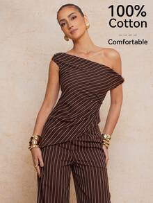 Lumalex 女士夏季时尚条纹不对称上衣和裤子两件套 - 咖啡棕 - 查看 14