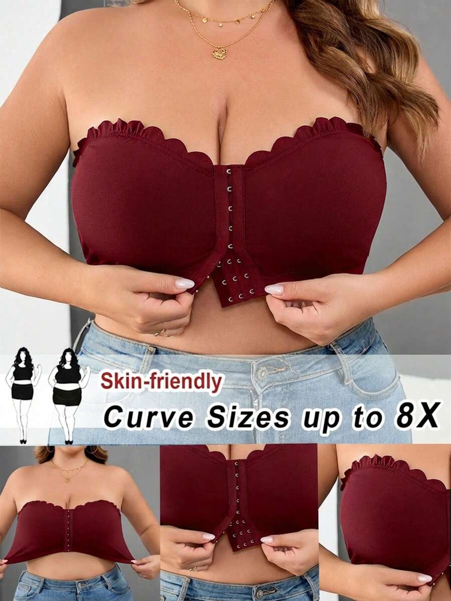 SHEIN CURVE+ 大码女装/秋季服装/女士秋季服装/女士冬季服装/大码女士前扣露脐上衣，性感修身吊带背心，女士秋季服装，冬季，大码 - 酒紅色 - 查看 1