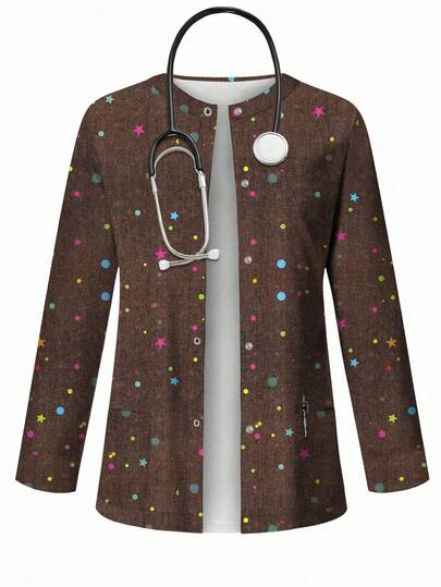 PopScrub Colorful Polka Dot & Star Print Scrub Jacket, Fashion Cardigan Design With Hanging Earrings For Women, Uniform Top, Spring/Summer