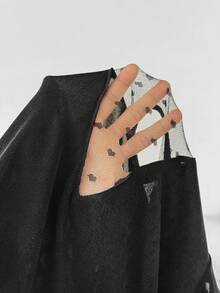 Lounesse 大码女式V领半透明蕾丝拼接荷叶袖休闲T恤，时尚百搭春夏新款演唱会服装，适合女士锐舞派对、音乐节等场合，优雅女式连衣裙，短袖上衣，锐舞派对必备单品 - 黑色 - 查看 8