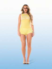 Women's Graphic Tank Top With White Text Print And Contrast Trim Binding Detail Sleeveless Summer Fashion Top - Yellow - View 5