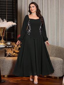 Modelyn Plus Size Women Long Sleeve Fitted Flowing Sparkling Rhinestone Off-Shoulder Flowing Chiffon Skirt 2-Piece Set - Black - View 6