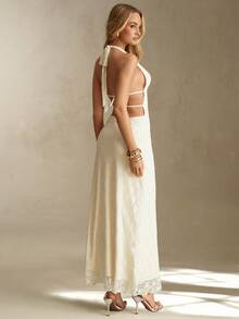 Glamine Retro Gentle Style Lace Neck Dress, Beige Deep V Backless Split Design, Summer Vacation Date, Wedding Season Party Date, Fairy Long Dress - Apricot - View 2