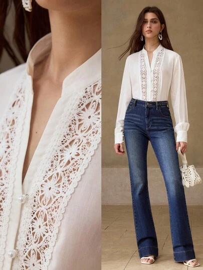 MOTF PREMIUM Bluză elegantă din in și bumbac, cu mânecă lungă și decor de perle, din dantelă, model patchwork, pentru femei