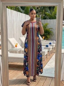 SHEIN Lady 大码女式碎花圆领短袖休闲连衣裙 - 彩色 - 查看 5