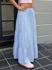 SHEIN EZwear 女士休闲度假蓝色格子层叠蛋糕裙，适合夏季、度假、毕业季、返校季、音乐节、派对、海滩、旅行、泳池派对等场合。 - 彩色 - 查看 4