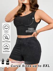 SHEIN CURVE+ 大码夏季休闲修身无袖露脐牛仔上衣，春夏皆宜，适合嘉年华、通勤、度假、毕业典礼等场合，时尚百搭，Y2K风格，可爱街头风，适合派对、婚礼、商务休闲等场合。女士无袖水洗黑色牛仔露脐吊带背心，休闲百搭。 - 黑色 - 查看 8