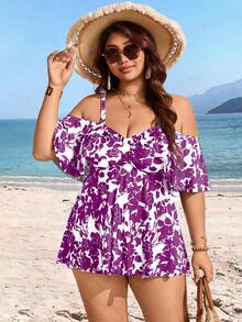 Swim Lushoire Plus Size Random Print Adjustable 2 Pieces Modest Fashionable Tankini Swimwear - Purple - View 5