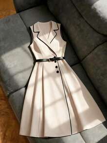Franclia Women's Plain Flared Sleeveless Long Dress With Lapel And Contrast Binding Details - Apricot - View 1