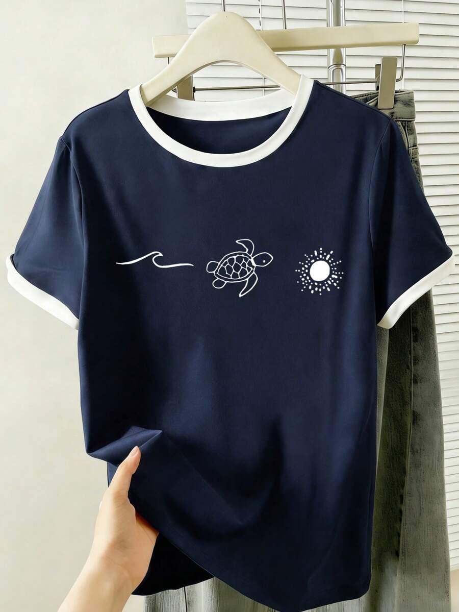 Resyla 女士休闲圆领短袖T恤，饰有海龟图案 - 彩色 - 查看 1