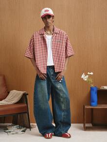 TOKVUE 男士提花格子短袖衬衫 - 紅色 - 查看 3