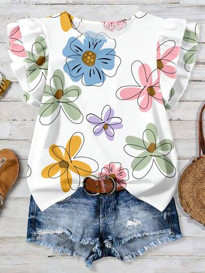 EMERY ROSE 休闲浪漫印花大码女式衬衫，适合夏季和度假穿着