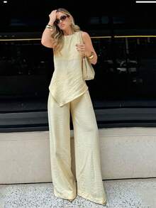 Firerie 女士时尚浅黄色纹理两件套，无袖不对称上衣搭配阔腿裤，适合夏季穿着，高腰宽松裤，两件套，黄色两件套，适合日常、派对、返校季、婚礼季、夏威夷、音乐会、演出服装等场合。 - 淡黃色 - 查看 2