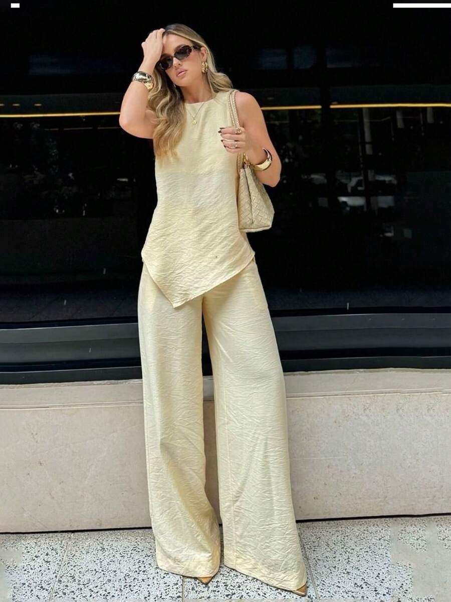 Firerie 女士时尚浅黄色纹理两件套，无袖不对称上衣搭配阔腿裤，适合夏季穿着，高腰宽松裤，两件套，黄色两件套，适合日常、派对、返校季、婚礼季、夏威夷、音乐会、演出服装等场合。