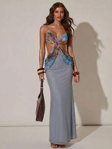SHEIN BAE Đầm nữ mùa xuân/hè phối lưới họa tiết hoa, cổ yếm hở lưng, thích hợp cho kỳ nghỉ biển, đầm đi nghỉ gợi cảm, đầm in hoa. - Màu tím - Xem 4