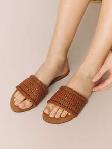 Styleloop Stylish Woven Sandals With Flat Bottom, Comfortable Mule Sandals, Holiday Style Sandals, Flat Sandals, Beach Sandals Holiday Travel Essential Boho Cowgirl Outfit Coachella - Camel - View 1