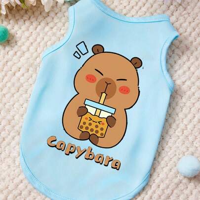 PETSIN 1pc Cute Little Bear Drinking Milk Tea Letter Printed Pet Tank Top Blue Casual Style Soft And Breathable Comfortable Pet Clothes