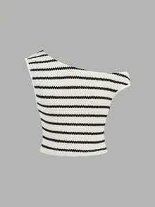 Firerie Kids 少女黑白条纹不对称肩部上衣和宽松长裤两件套，休闲日常百搭，适合外出、旅行、拍照等场合 - 黑與白 - 查看 9