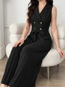 Teen Girls Casual Commute Elegant Black Lapel Double-Breasted Belted Waistcoat Pleated Wide Leg Jumpsuit/Wedding Guest Outfit, Suitable For Occasions Like Holidays, Parties, Weddings, Back To School, Graduation - Black - View 4