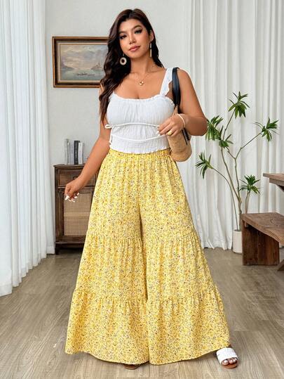 Weeklong Plus Size Women's Summer Bestseller Yellow Floral Elastic Waist Loose Ruched Wide Leg Pants