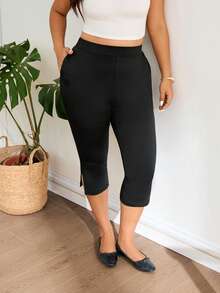 Lounesse 大码女式黑色五分钟速成紧身裤，时尚侧袋，适合日常通勤，舒适的大码黑色紧身裤 - 黑色 - 查看 5