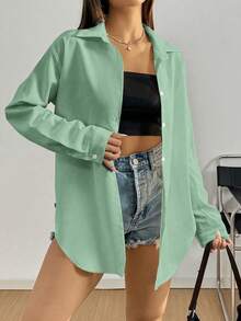 SHEIN Unity Women's Solid Color Front Button Casual Long Sleeve Shirt , Casual Spring Summer Fall - Green - View 5