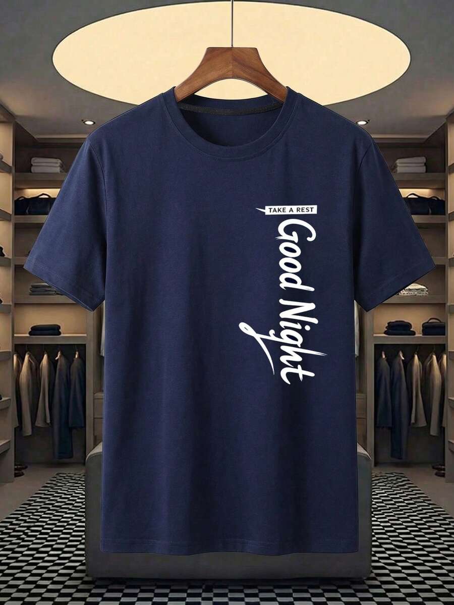 Velminro 男士休闲字母印花圆领短袖家居服上衣，夏季 - 藍色 - 查看 1