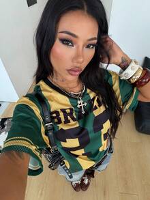 Coolane 女士夏季节日复古街头运动服号码印花超大棒球衫T恤 - 綠色 - 查看 2