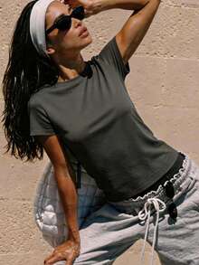 Fluxe 休闲纯色针织圆领短袖宽松百搭女式T恤 - 灰色 - 查看 3