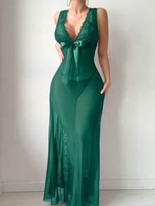 Snug Zone Conjunto de 2 piezas de camisón sexy con espalda descubierta, lazo y tanga con adorno de encaje y malla - Verde - Ver 6