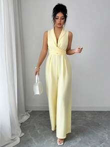 Elenzga 女士浅黄色褶皱领高端设计前开襟蝴蝶结腰带连体裤，优雅大方，适合情人节、复活节、劳动节、生日、约会、派对、正式场合、教师装、旅行、春夏穿着。 - 淡黃色 - 查看 6