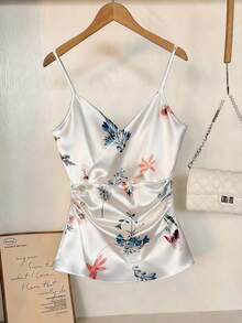 GlowEve Camiseta de tirantes con estampado floral y detalle de cintura fruncida, ideal para vacaciones. Top de satén blanco adelgazante para el verano - Blanco - Ver 5