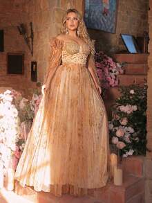 Glamrae Đầm dạ hội cỡ lớn, thanh lịch, lãng mạn màu vàng, hở vai, đính pha lê sang trọng, eo thon, chất liệu lưới xuyên thấu in họa tiết xương cá, dáng chữ A, thích hợp cho đám cưới, tiệc tùng, kỳ nghỉ, du lịch (Thiết kế tinh xảo) - Màu vàng - Xem 8