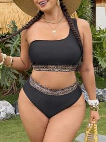 Swim Vcay Plus Size 2-Piece Swimwear, Women Solid Color Asymmetric Collar Sexy Elegant Mesh Patchwork Bikini Set, Suitable For Summer Beach Holiday - Black - View 4