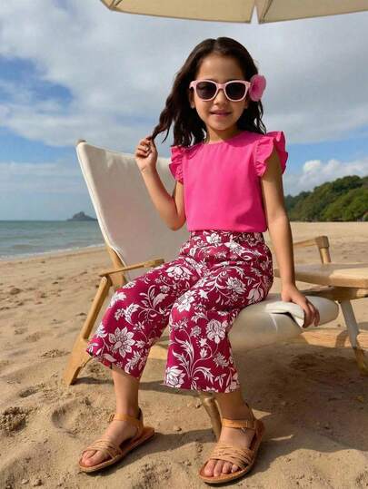 两件套女童针织纯色圆领荷叶边T恤和碎花裤套装